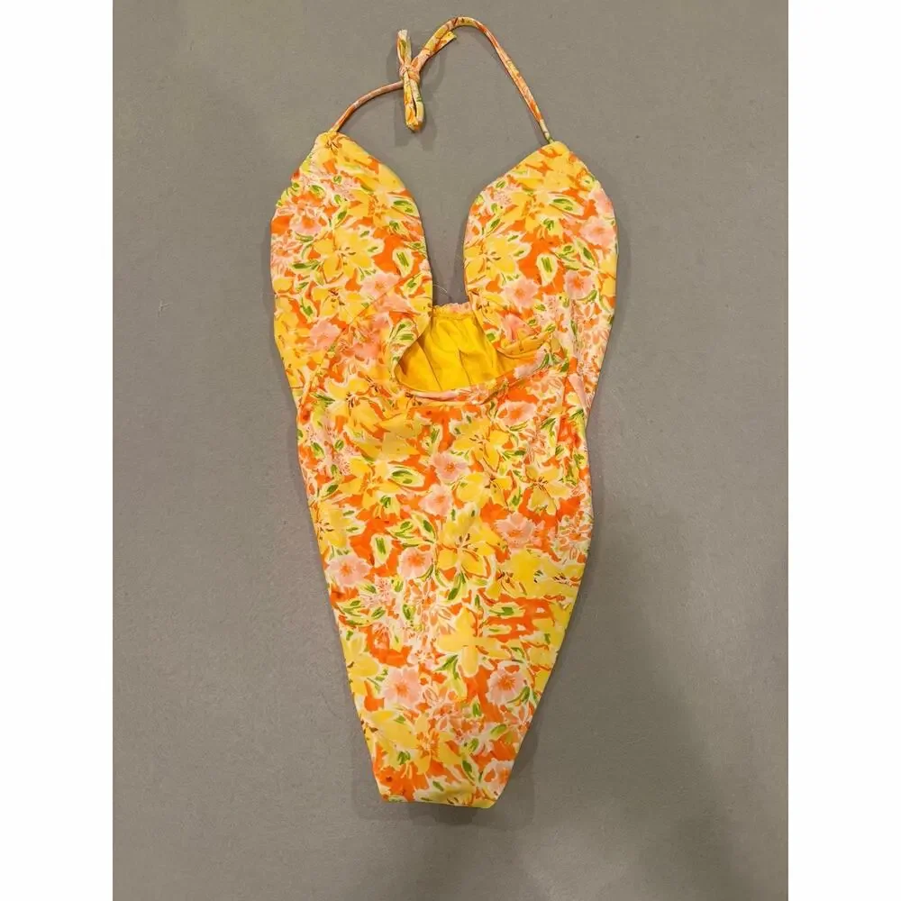 Princess Polly Fern Floral Cutout One Piece Swimsuit Yellow Multi US 6 NWT